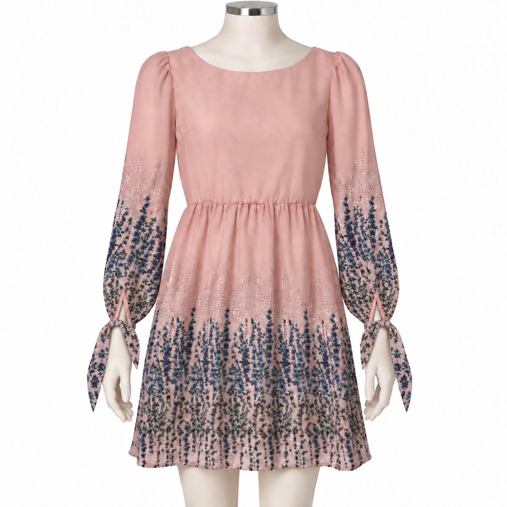 Copper Key Pink Floral Border Print Long Sleeve Mini Dress Tie Cuff NWT